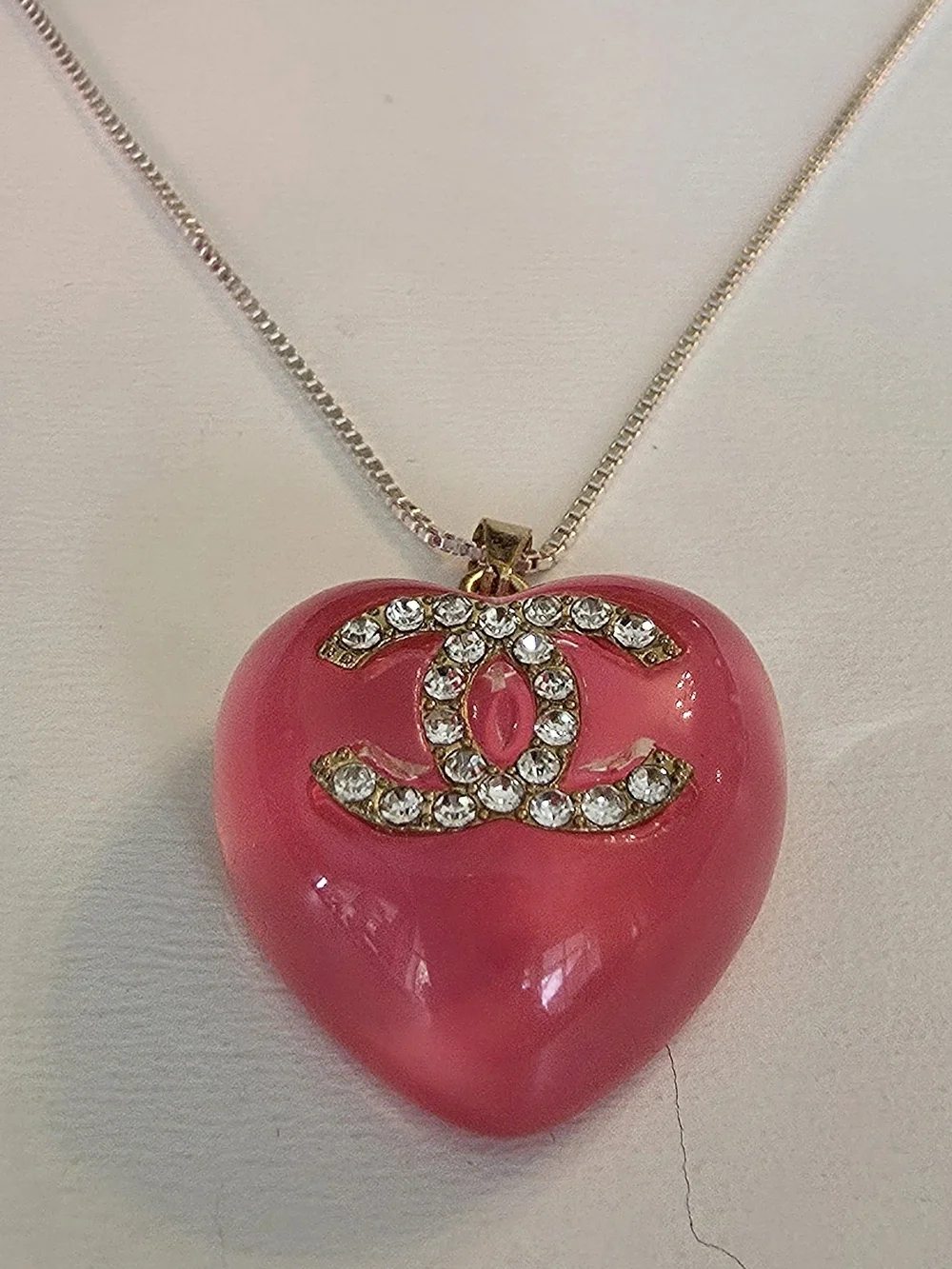 Upcycled Chanel Pink Heart Zipper Pull Necklace | Sterling Silver Box Chain